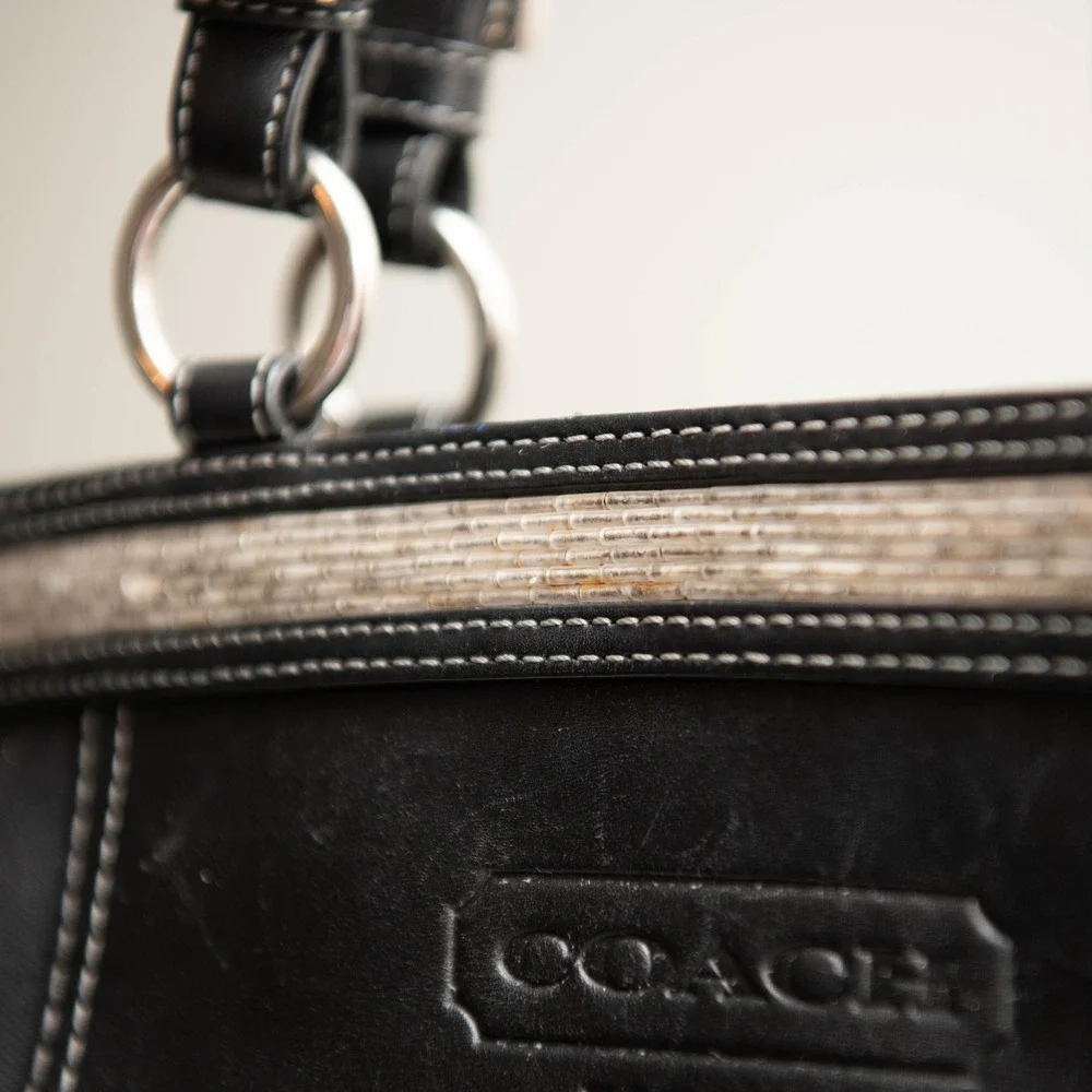 Vintage COACH Monogram Black‎ Canvas Leather Beaded Trim Y2K Black Shoulder Bag